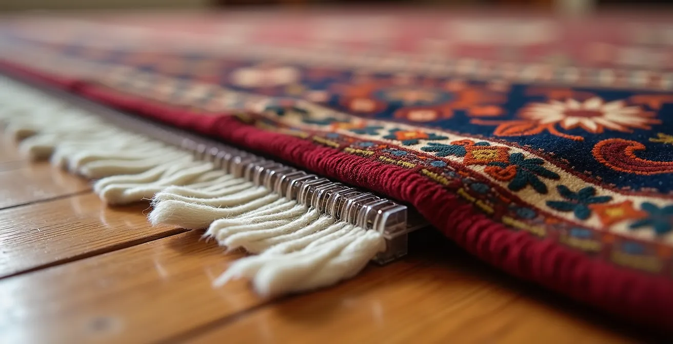 Gros plan sur un système de fixation invisible sous un tapis persan dans un salon