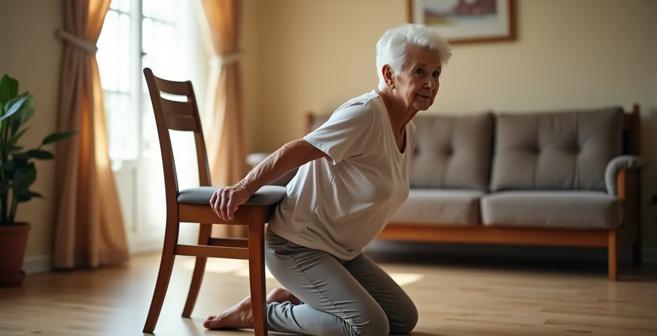 Senior pratiquant un exercice de relevage du sol avec une chaise comme appui