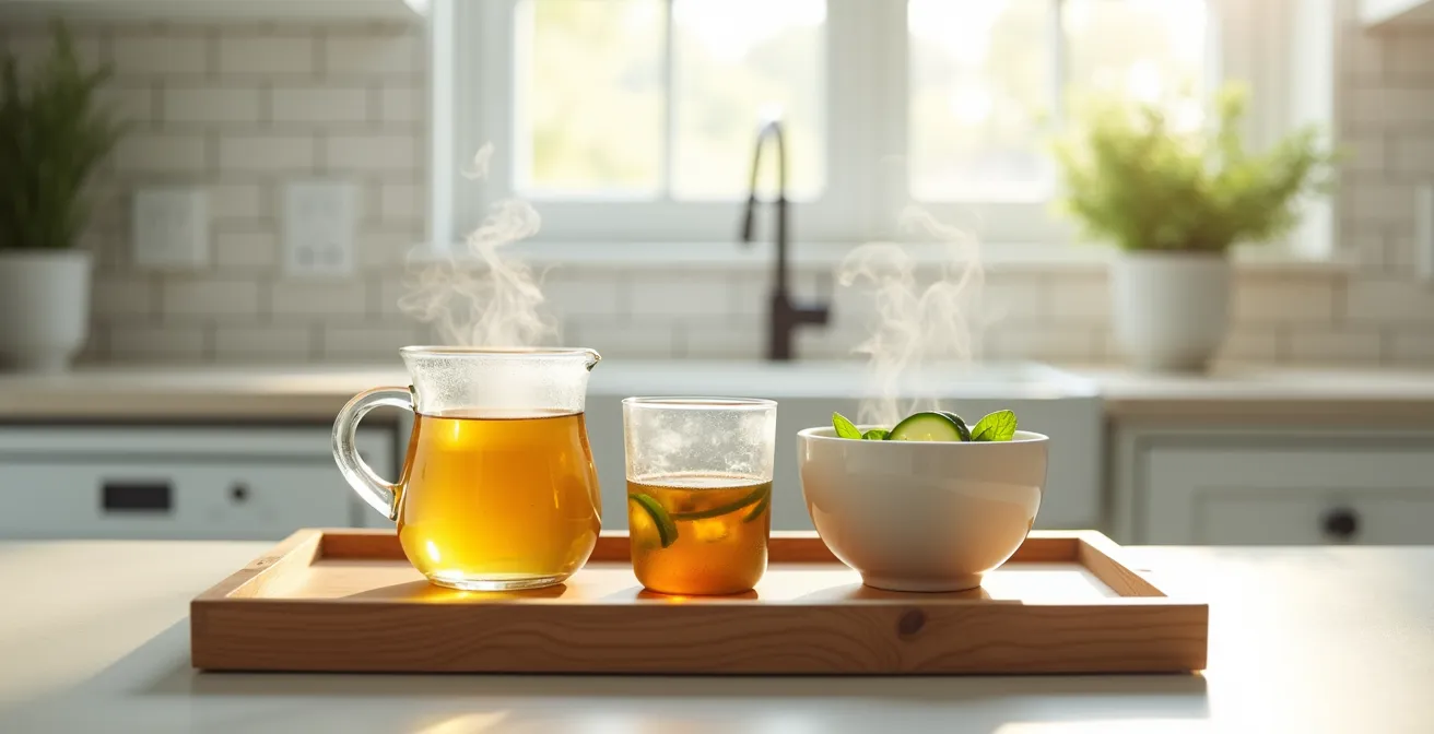 Arrangement de tasses de tisanes et bol de bouillon sur plateau avec planning d'hydratation