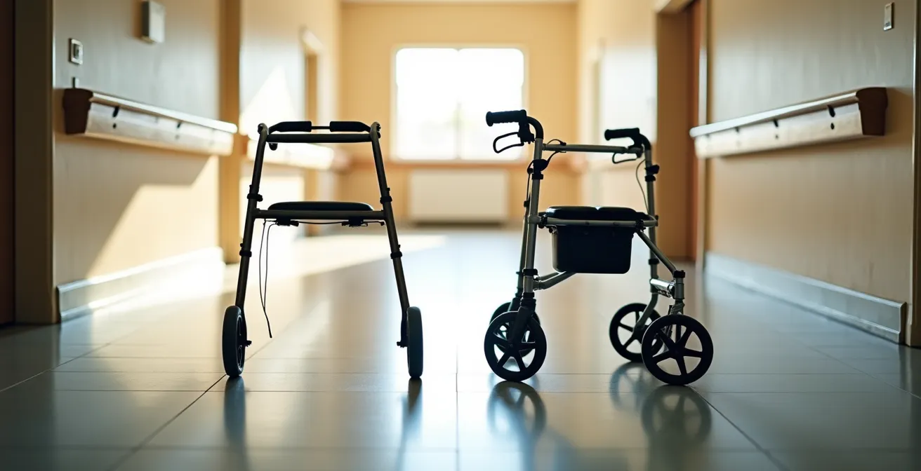 Comparaison visuelle entre un cadre de marche fixe et un rollator moderne à 4 roues