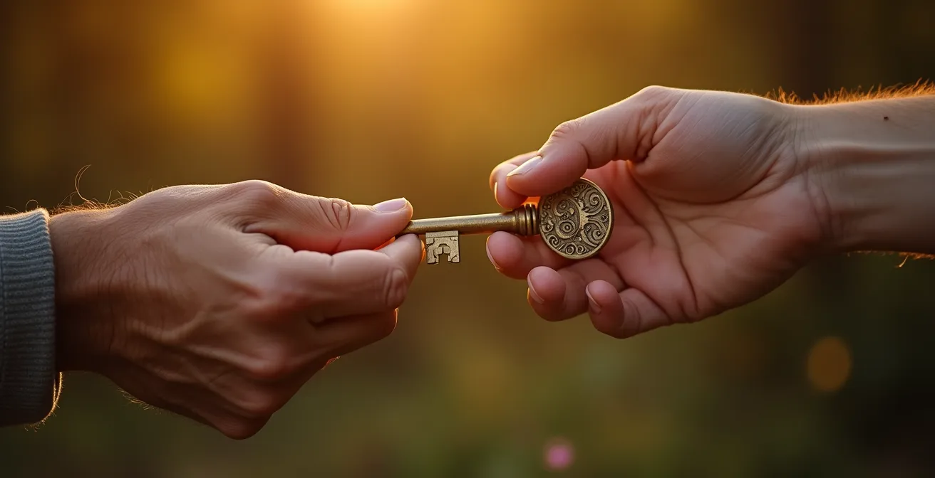 Clés de maison passant symboliquement entre deux mains de générations différentes