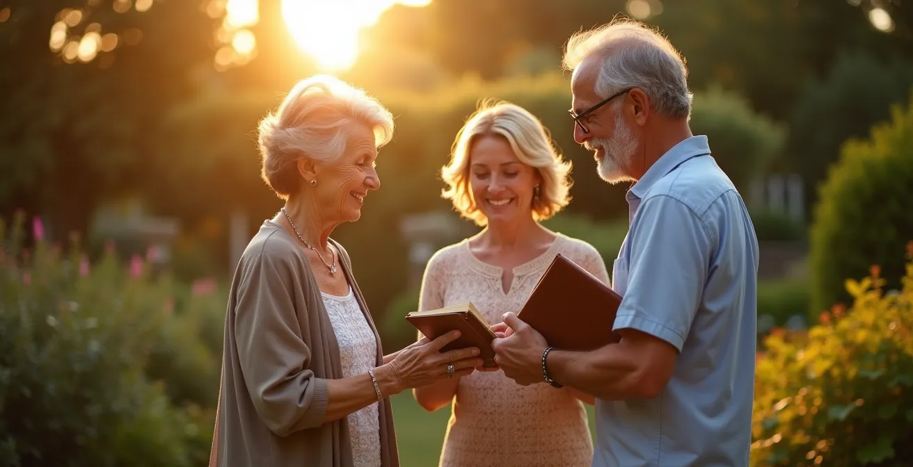 Trois générations d'une famille réunies dans un jardin symbolisant la transmission patrimoniale transgénérationnelle