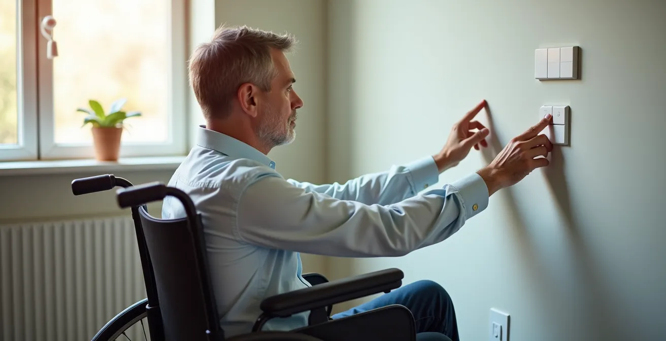 Personne en fauteuil roulant atteignant facilement un interrupteur à hauteur adaptée