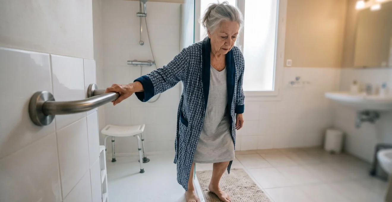 Femme âgée utilisant une barre d'appui murale en sortant de la douche dans sa salle de bain