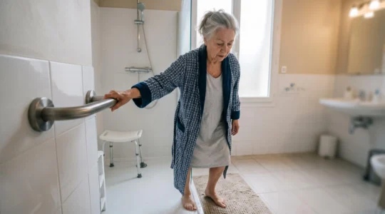 Femme âgée utilisant une barre d'appui murale en sortant de la douche dans sa salle de bain