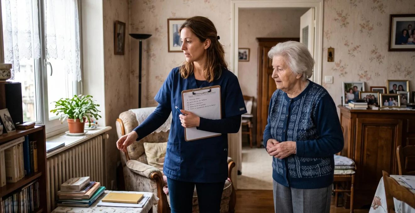 Professionnel de santé réalisant une évaluation des risques de chute au domicile d'une personne âgée Professionnel de santé réalisant une évaluation des risques de chute au domicile d'une personne âgée