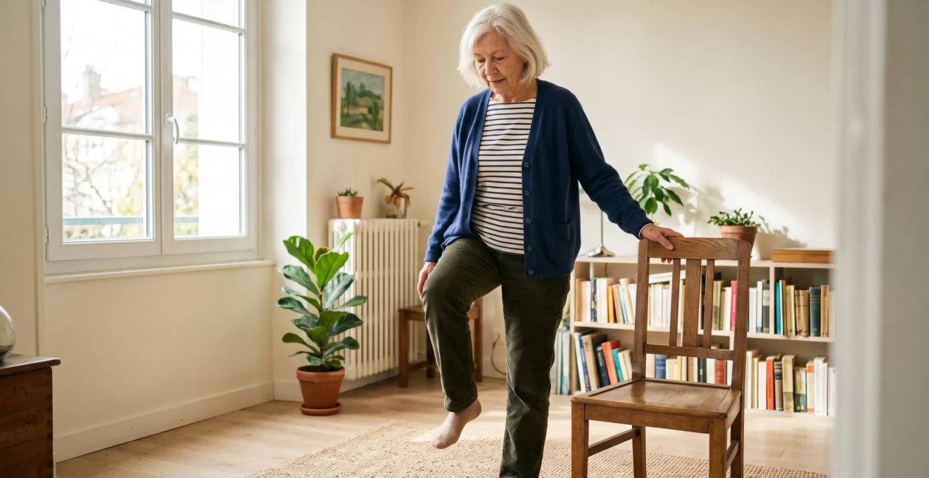 Femme âgée pratiquant un exercice d'équilibre sur une jambe en se tenant légèrement à une chaise dans son salon Femme âgée pratiquant un exercice d'équilibre sur une jambe en se tenant légèrement à une chaise dans son salon